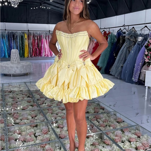Sherri Hill Yellow Strapless Mini Dress with Bows and Rhinestones - Picture 11 of 11